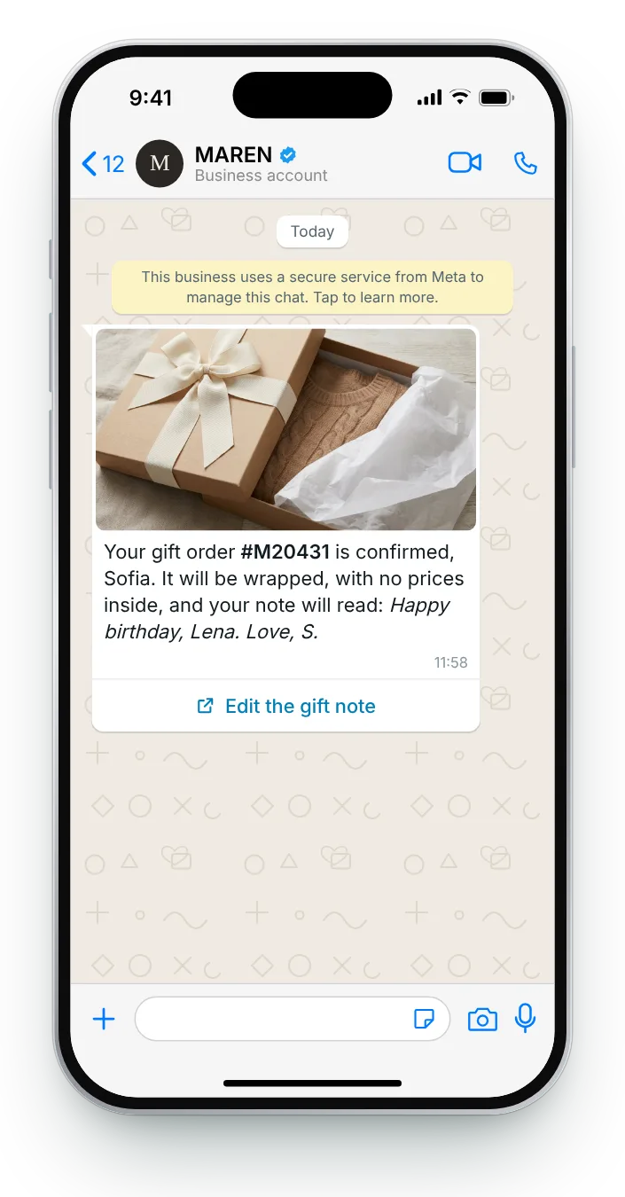 Confirming a gift, note and all: WhatsApp order confirmation on an iPhone