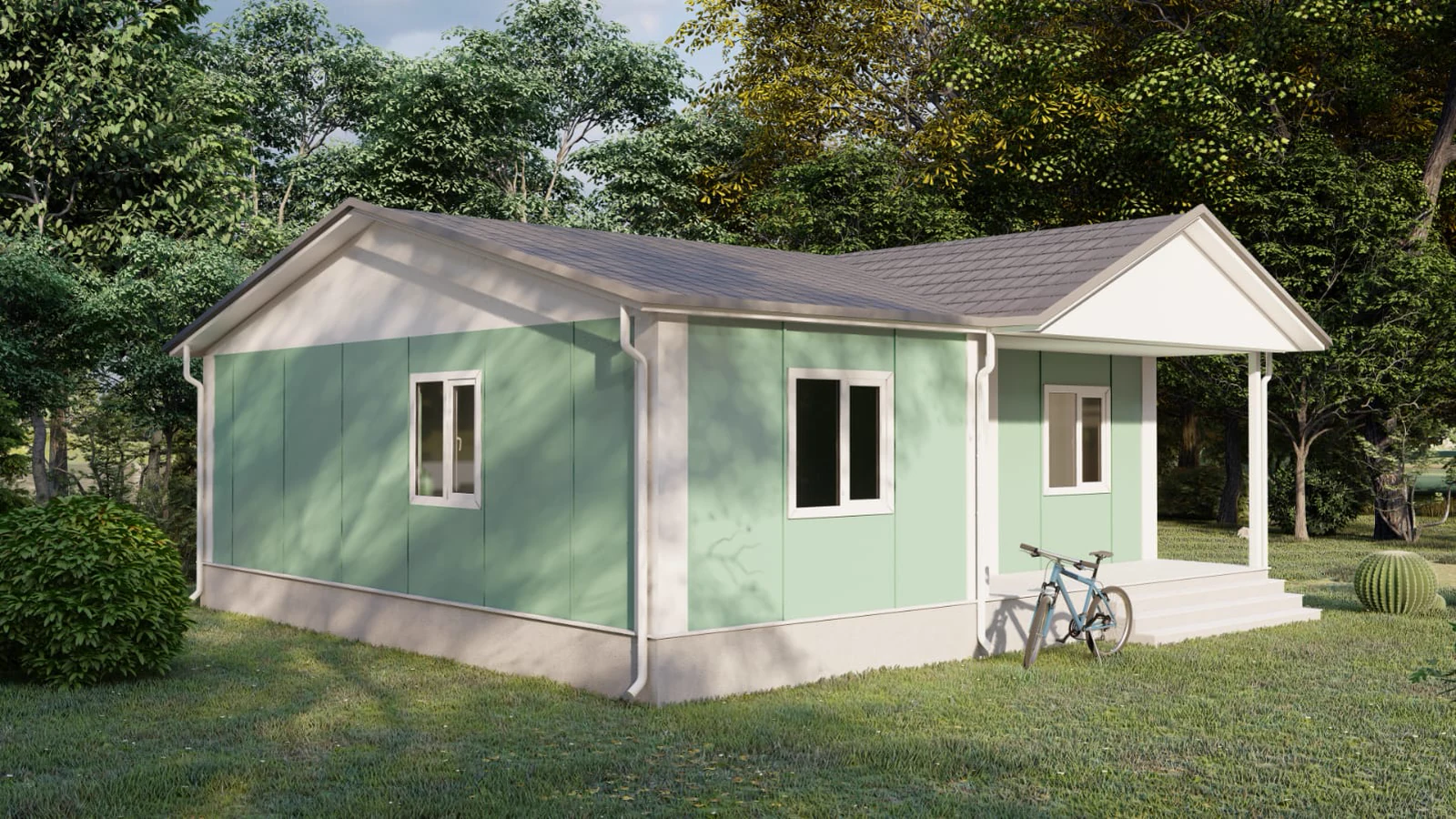 Modello di casa prefabbricata ecologica in verde e bianco, inserita in un suggestivo paesaggio boschivo.