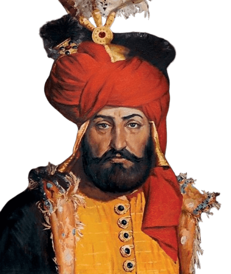 A vibrant painting of a regal man wearing a bold red turban adorned with feathers and a jeweled ornament, symbolizing his high status. His expression is solemn, with a thick beard and intense gaze. He is dressed in a yellow robe featuring decorative buttons and a fur-trimmed cloak, evoking the grandeur and richness of Middle Eastern or Central Asian royalty. The detailed brushwork and deep colors contribute to the portrait's commanding presence, highlighting the subject's authority and nobility.