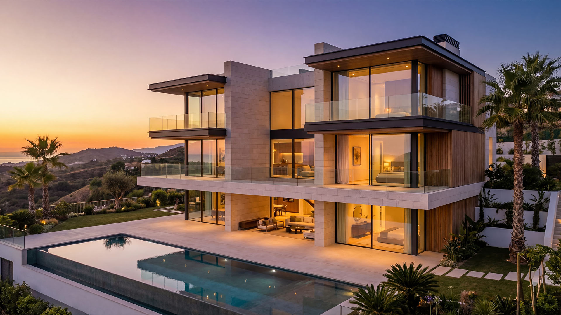 Ultra luxury modern villa in Marbella with infinity pool, panoramic hillside views, and warm sunset lighting