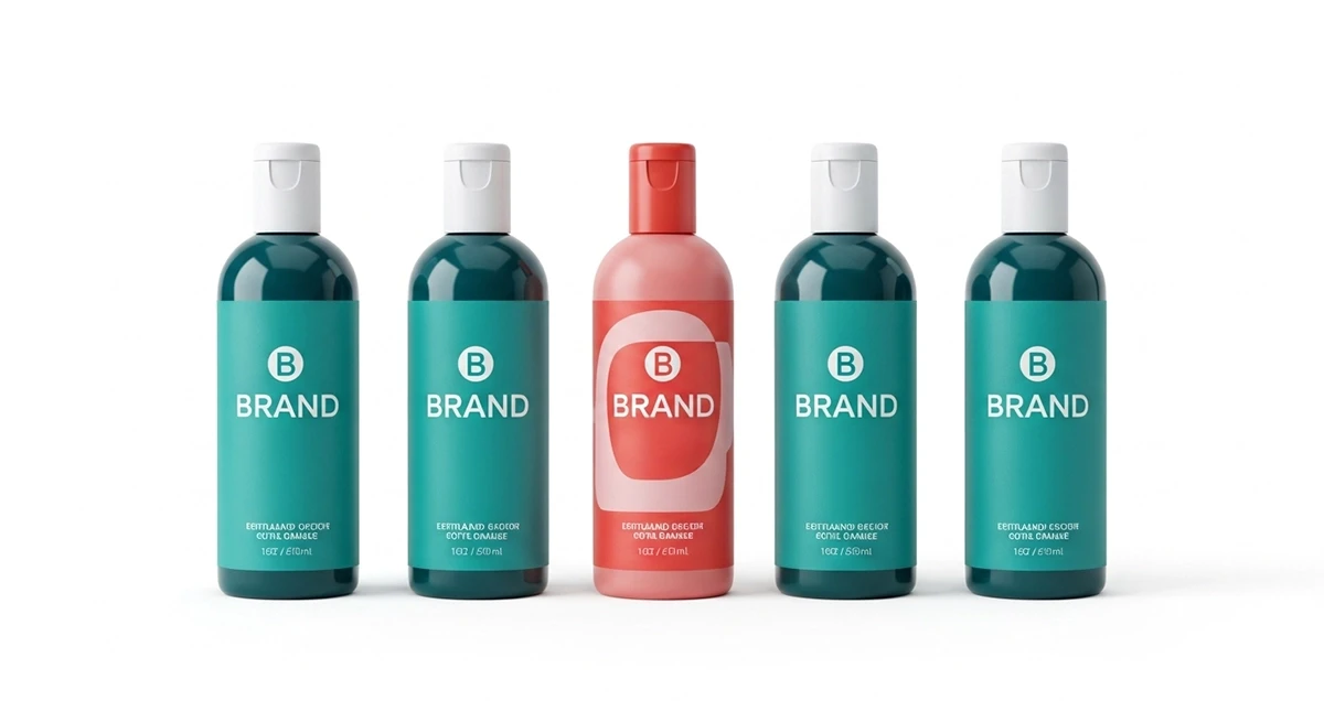 Five branded cosmetic bottles in teal and coral product packaging mockup on white background, centre bottle in contrasting pink-red highlighting product range variation