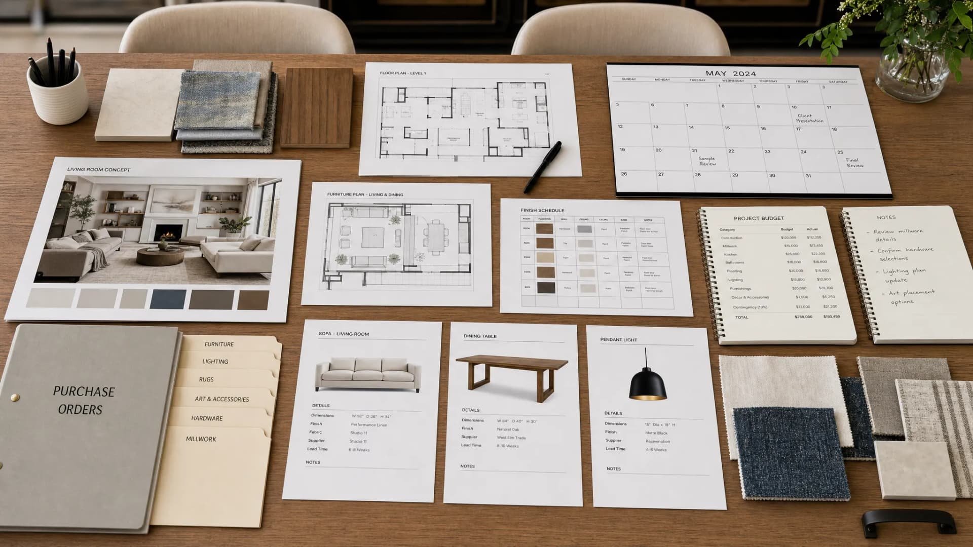 An organized interior design project planning table with floor plans, fabric samples, product specification sheets, budget notes, purchase order folders, and a calendar arranged neatly for a team review.