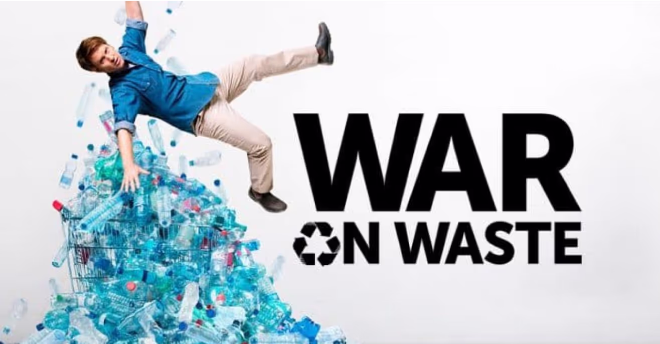 Promotional image for the ABC series War on Waste, with Craig Reucassel tipping over a shopping trolley overflowing with plastic bottles