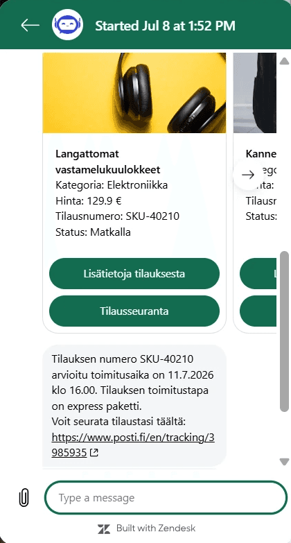 Kuvakaappaus AI-agentin dialogikarusellista, joka esittää tilauksen tuotetiedot, tilan ja seurantalinkin suoraan chat-ikkunassa.