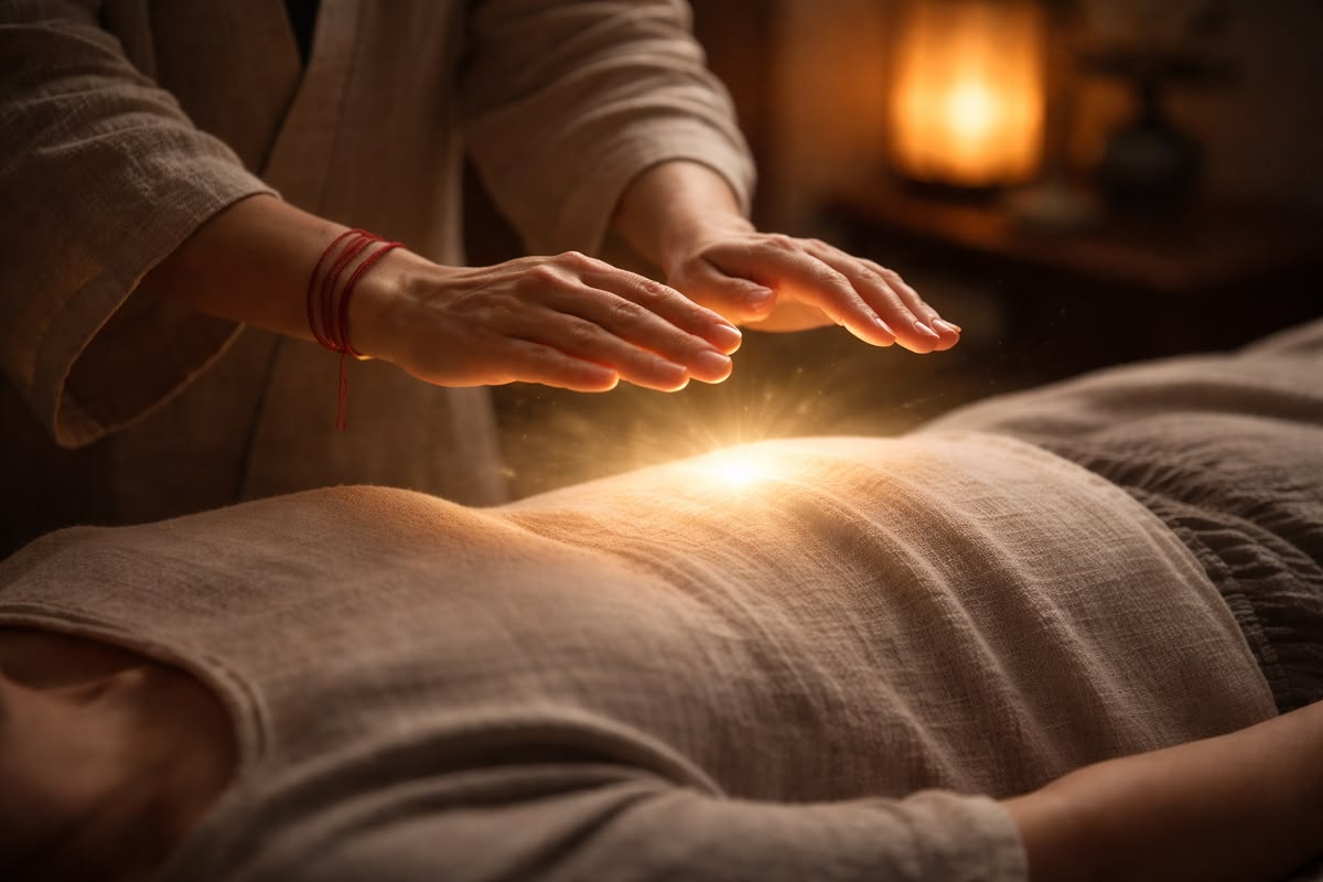A woman receives a relaxing energy healing in a serene setting with soft lighting.