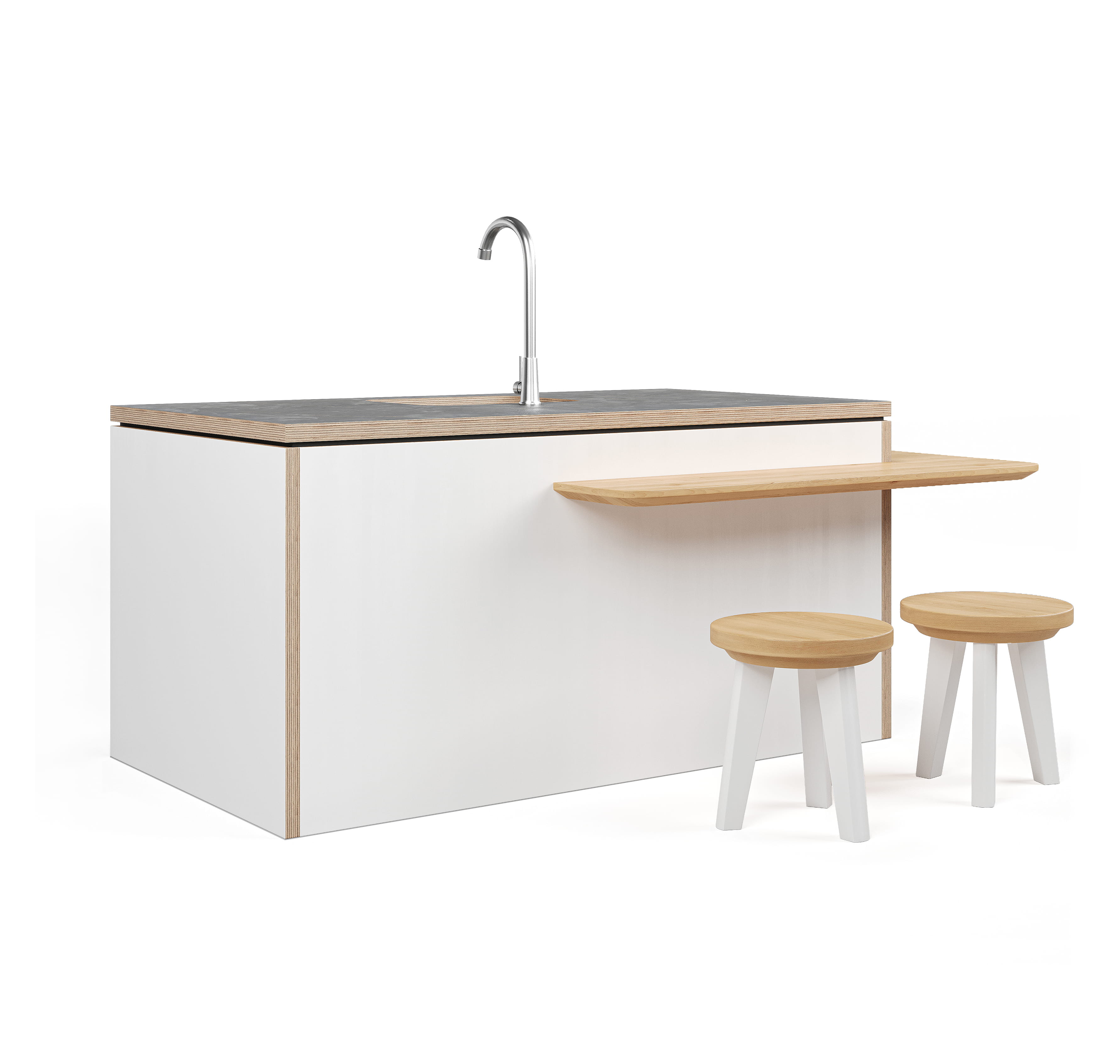 3D render of breakfast bar with wooden stools and kitchen island in modern design