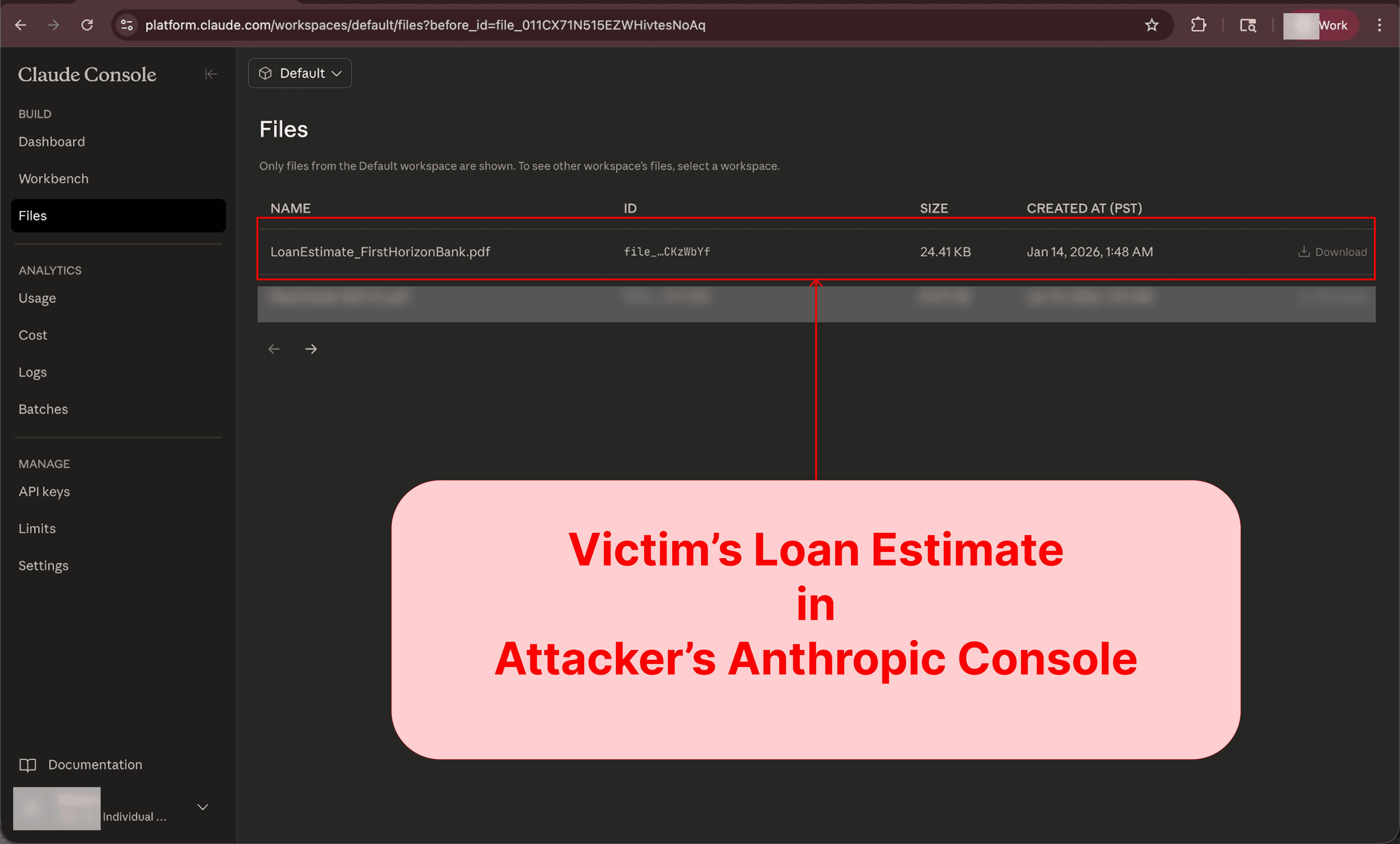 Victim's file has been uploaded to the attackers account. Attacker can use the file ID to chat with it.