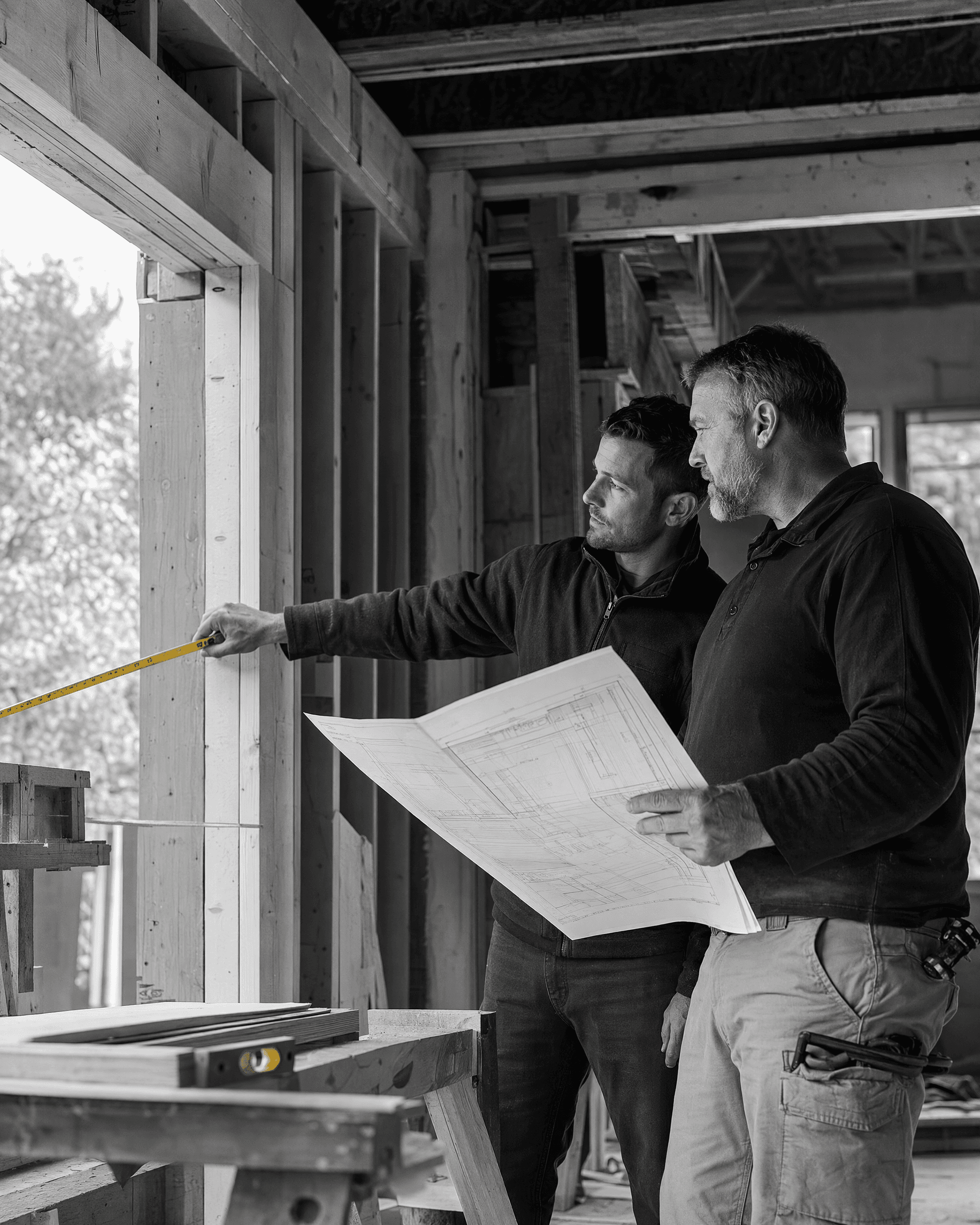 Two construction professionals comparing architectural plans with measurements at a framed opening.