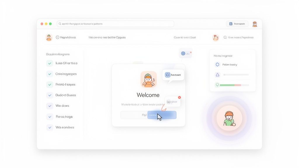 SaaS application interface displaying a welcome message and progress indicators, illustrating user onboarding.