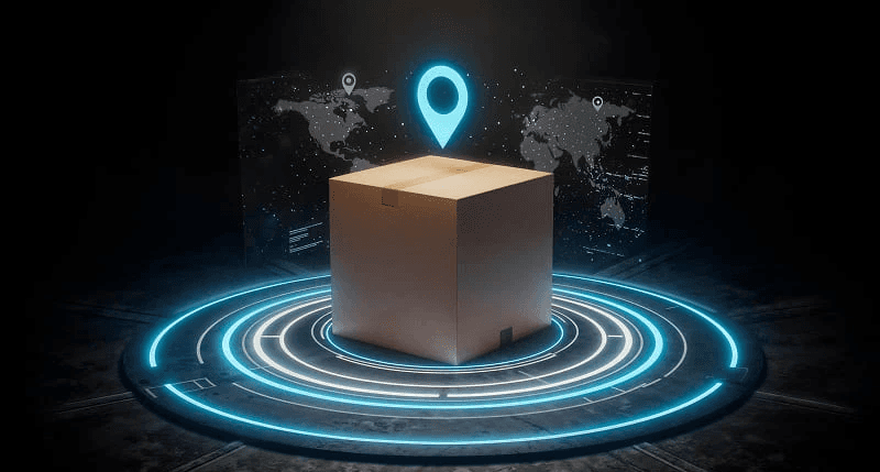 A 3D representation of a shipping box with a location pin above it, surrounded by circular blue indicators.