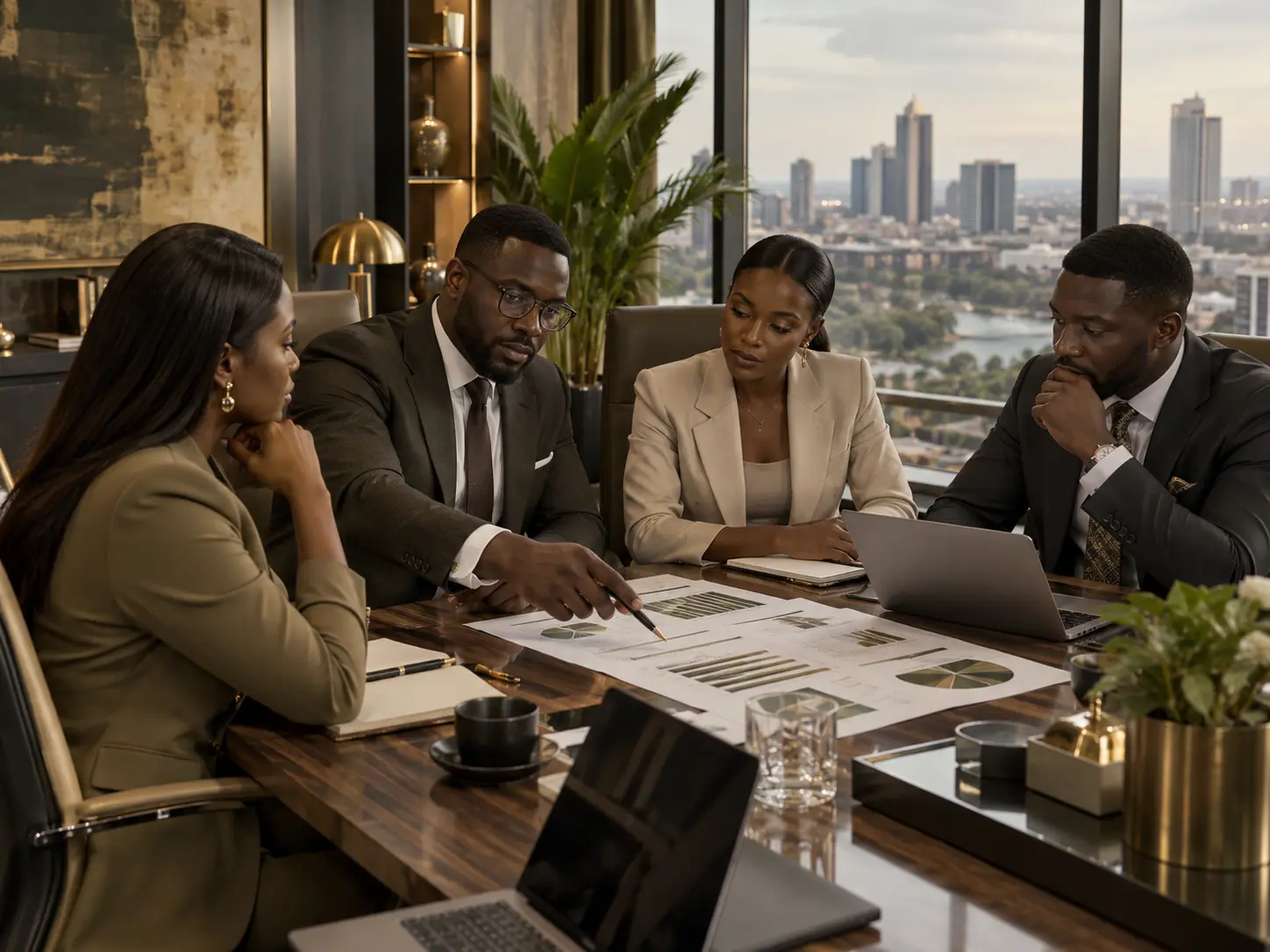 Business advisory team reviewing financial strategy and growth plans in Ghana