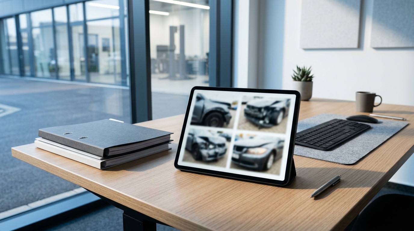 Unterlagen zum Schadenfall auf Schreibtisch vorbereitet, Tablet mit Fotos im Hintergrund