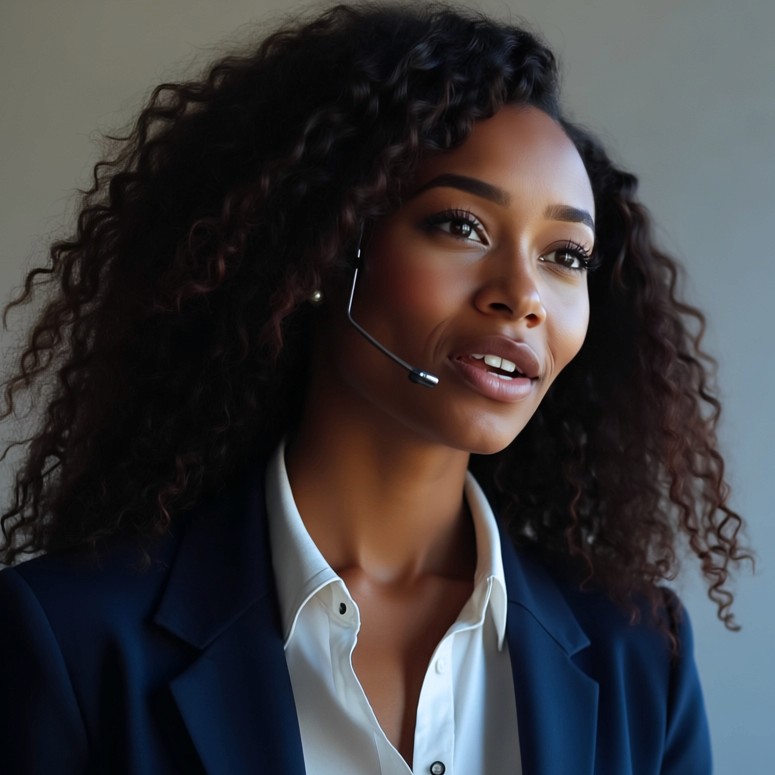 Mulher profissional com cabelo natural e volumoso, usando headset e blazer, com expressão atenta