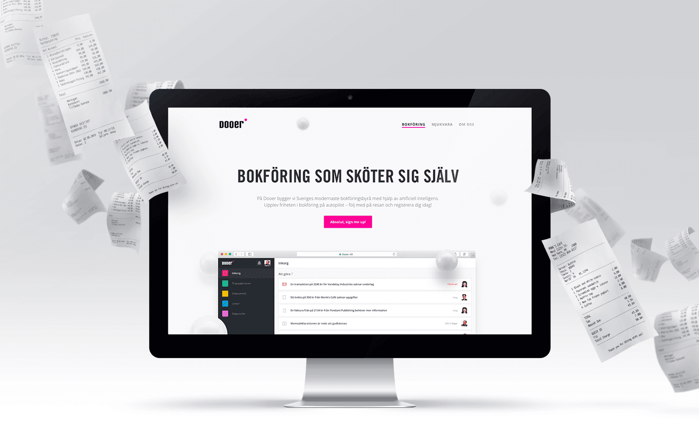 Mockup of Dooer website with receipts flying around a screen