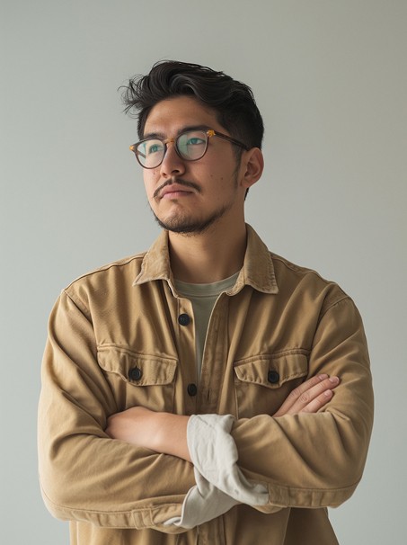A man with glasses and a brown shirt, crossing his arms.
