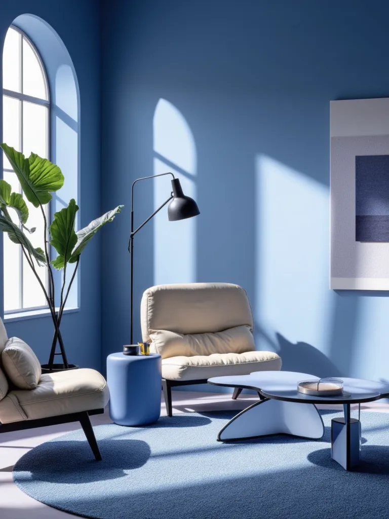 AI-generated modern minimalist interior style study, bold colour rooms, sculptural furniture, clean geometry and architectural light