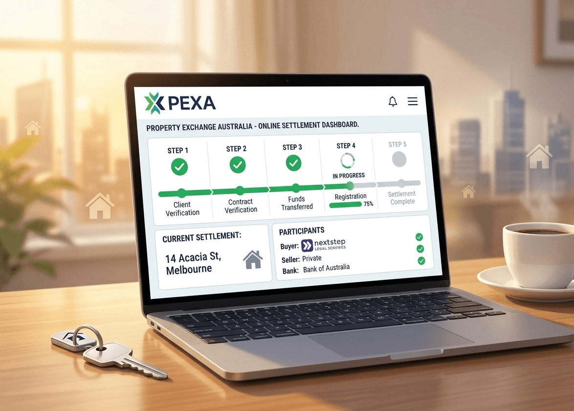 Laptop showing digital property settlement process through PEXA in Victoria