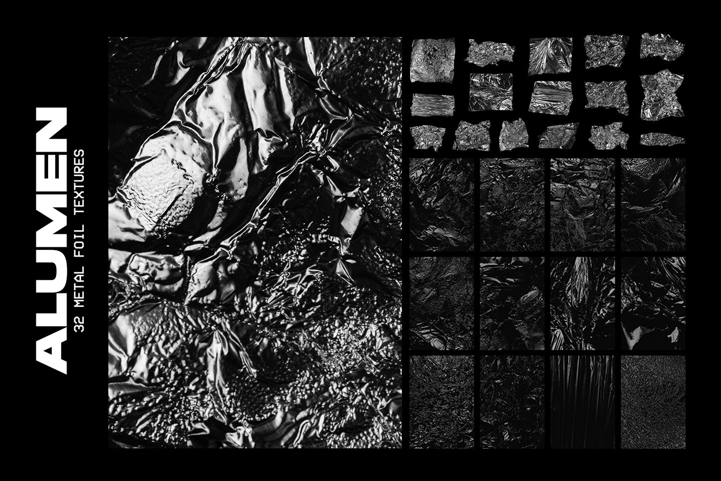 Thirty two metal foil textures featuring silver reflective surfaces and crushed aluminum foil details