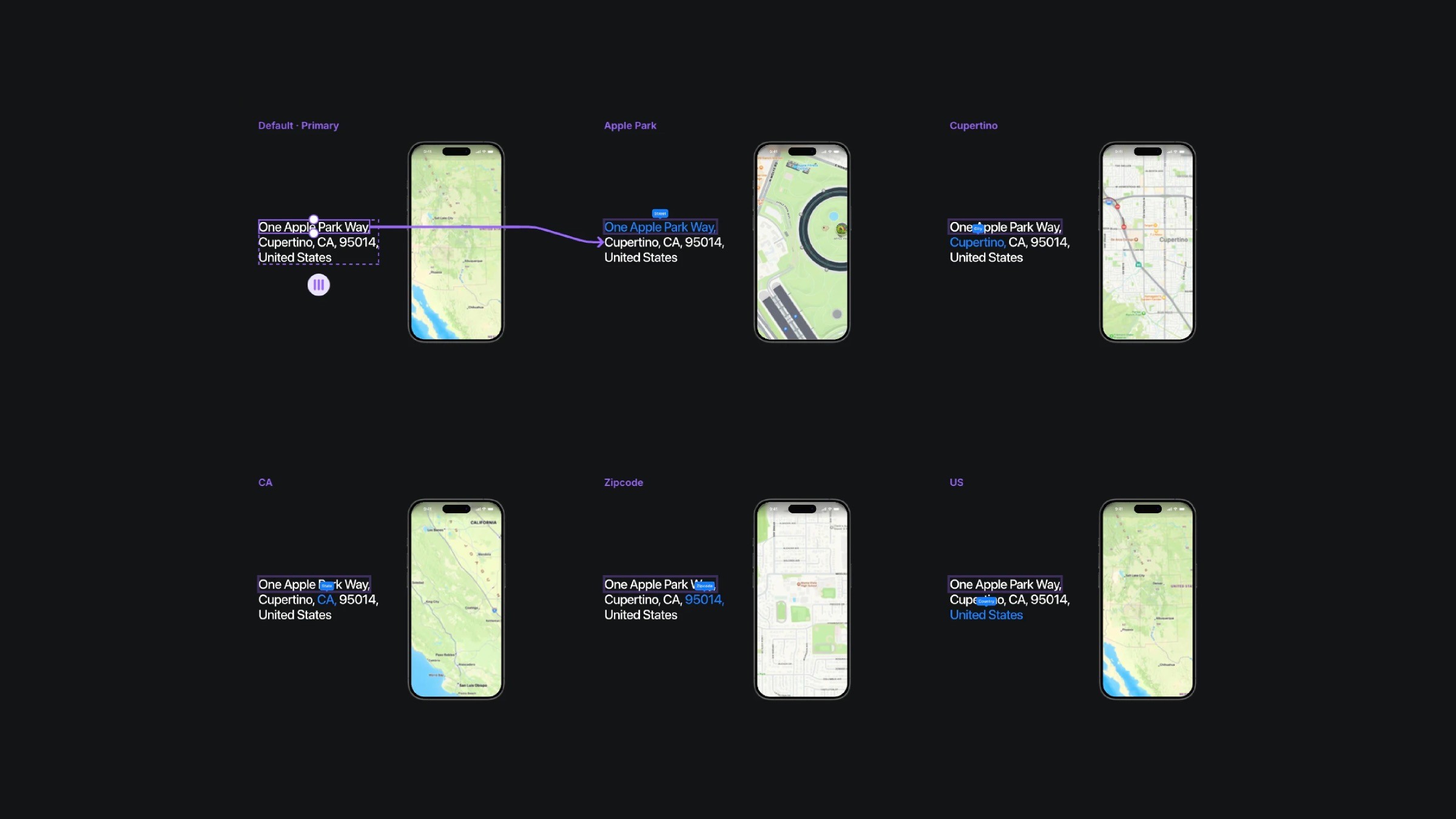 Multiple iPhone screens displaying different map views of One Apple Park Way, Cupertino, CA