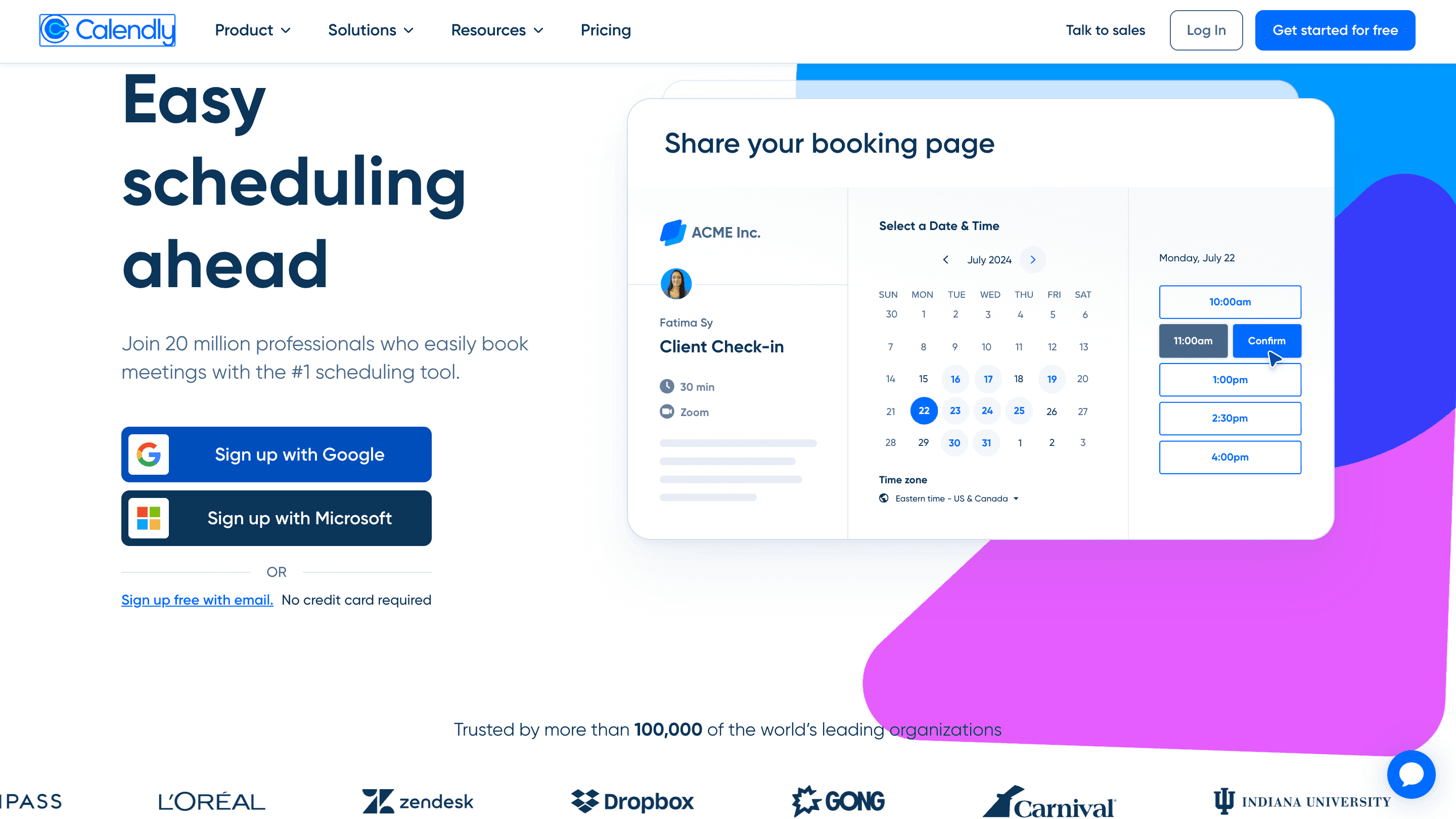 Calendly homepage hero section showing headline, call-to-action