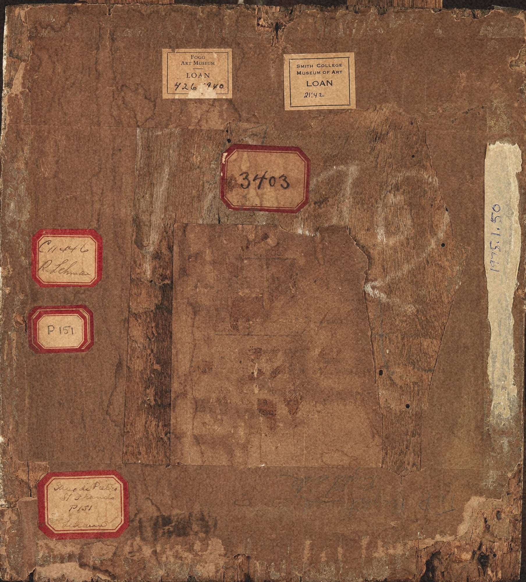 worn wooden panel back with red bordered collection labels