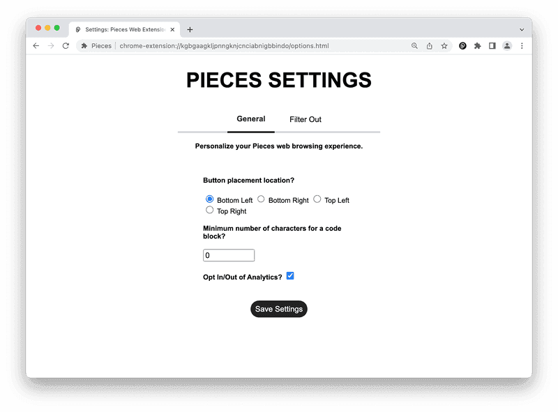 The settings menu for the Pieces Chrome Extension.