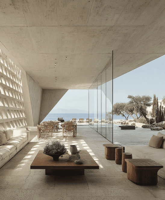 Stone residence and reflecting pool in the desert