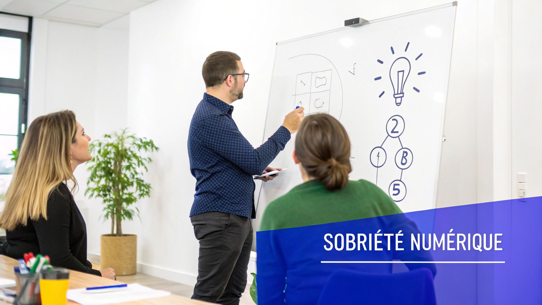 Un homme explique des concepts sur un tableau blanc à deux collègues lors d'une session de formation sur la sobriété numérique.
