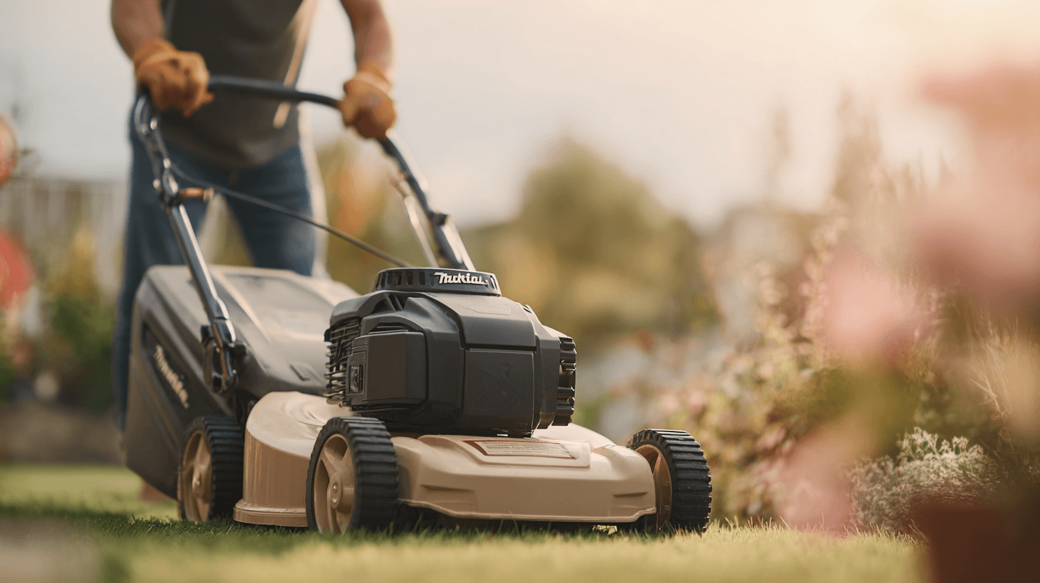 Person mäht den Rasen im Garten – SilentAngels® Gartenarbeit und Pflege von Außenbereichen.