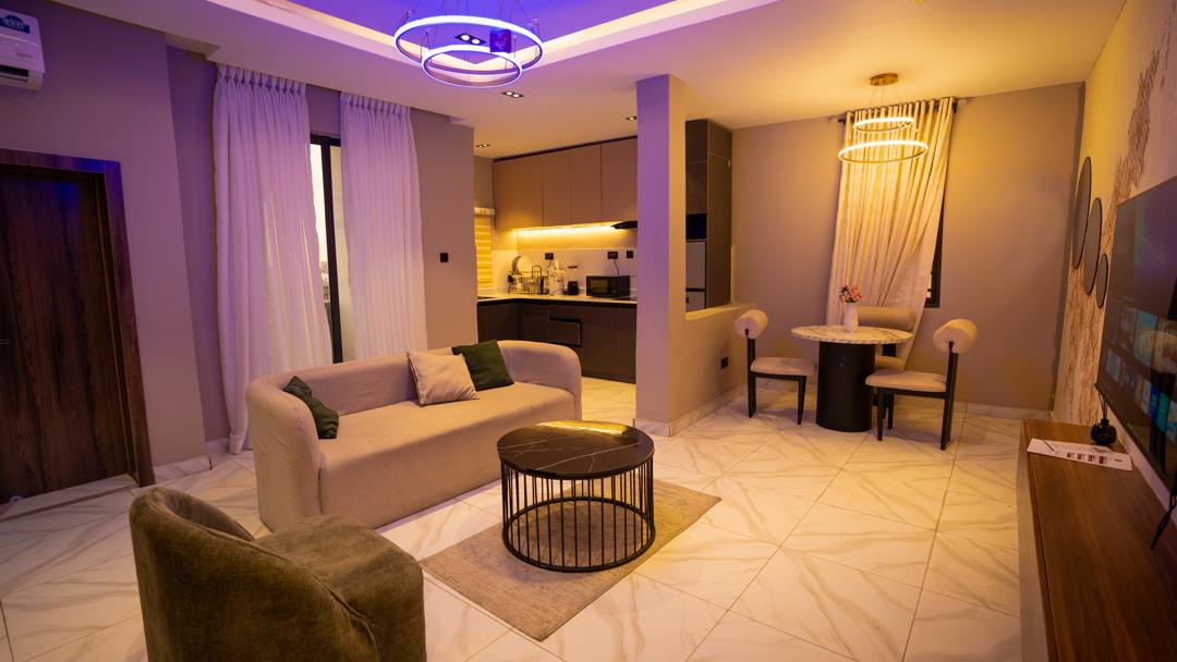 Comfortable sittting room at Urban Suites, one-bedroom serviced apartment in Surulere, Lagos