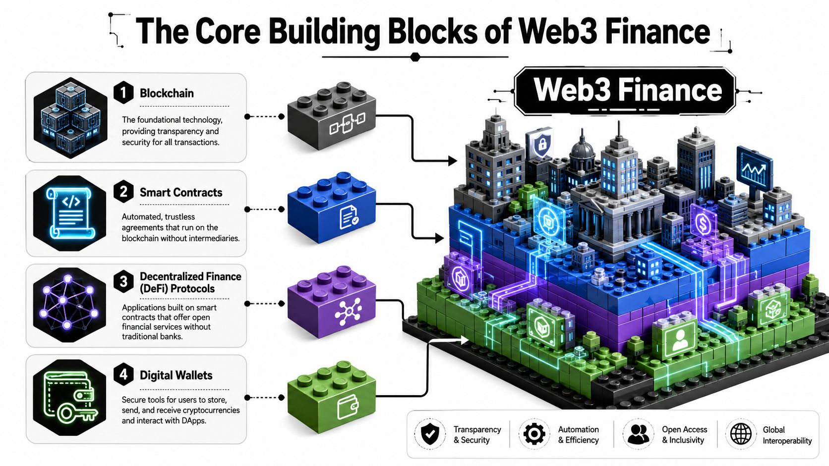 A diagram illustrating the four core building blocks of Web3 finance using metaphorical Lego construction bricks.