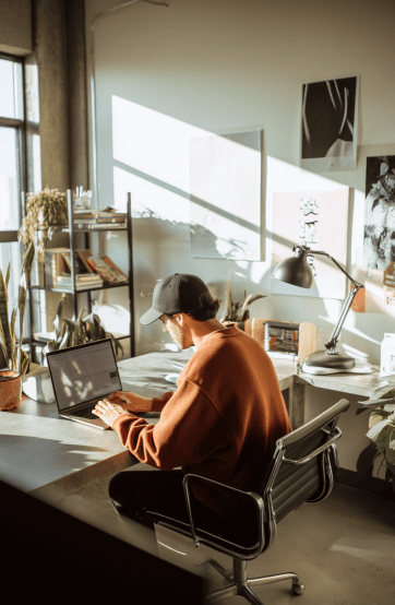 A person sitting at a desk, working intently with various tools and materials in a well-lit workspace.