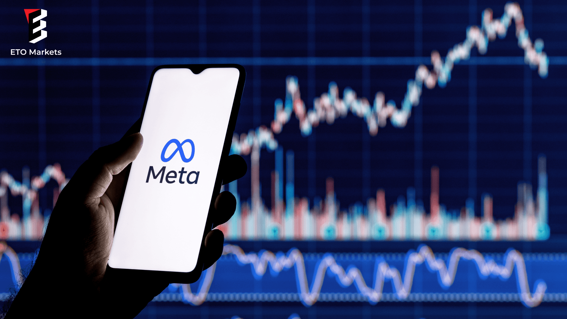 Smartphone with Meta logo on the background of stock chart. 