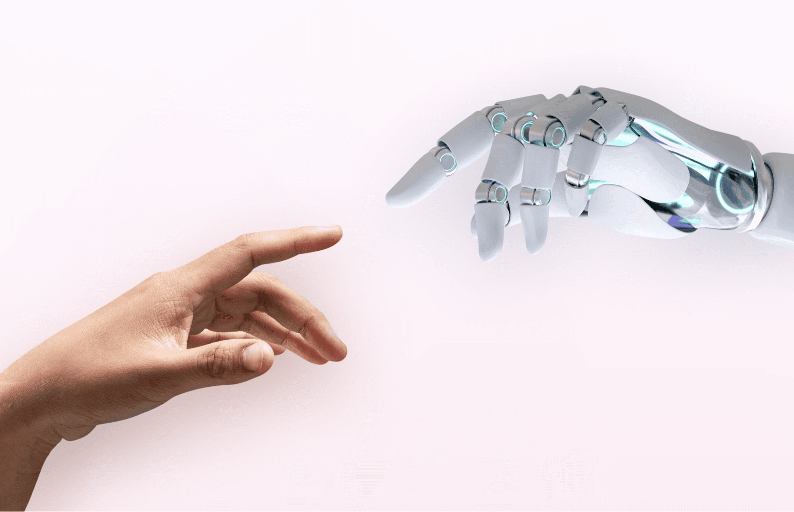 Human hand and robotic hand reaching toward each other on a soft pink background.