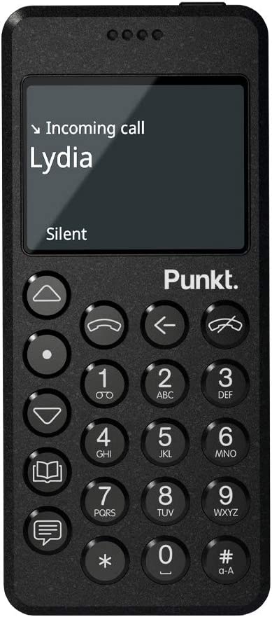 Punkt MP02 minimalist phone with incoming call screen, designed for digital minimalism, focused communication, and smartphone-free living.