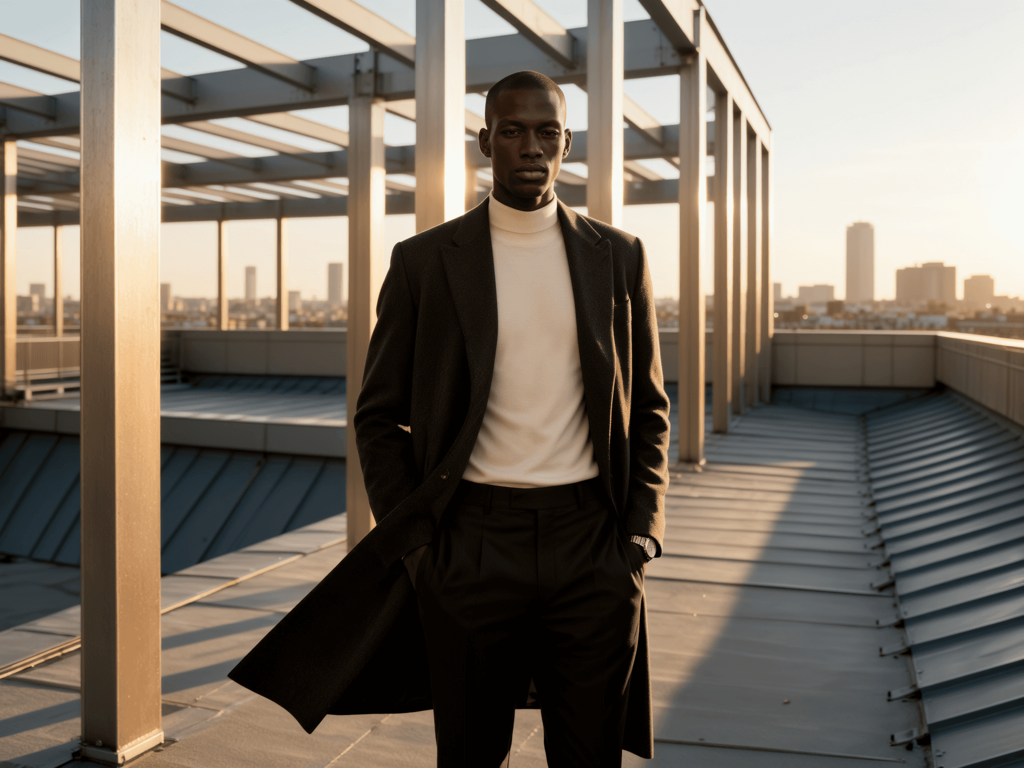 Stilvoll gekleidetes KI-Model im langen Mantel auf einem Dach bei Sonnenuntergang, moderne Architektur und warme Stadtlichter im Hintergrund