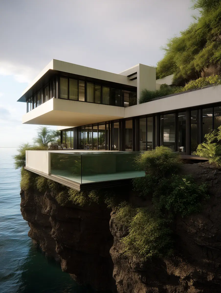 Modern cliffside home with glass walls, cantilevered design, and lush greenery overlooking tranquil waters.