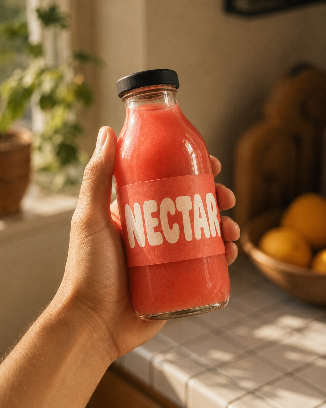 Close-up of a hand holding a glass bottle with pink liquid labeled "NECTAR," set in a sunlit kitchen with lemons in a bowl, giving a fresh, inviting feel.