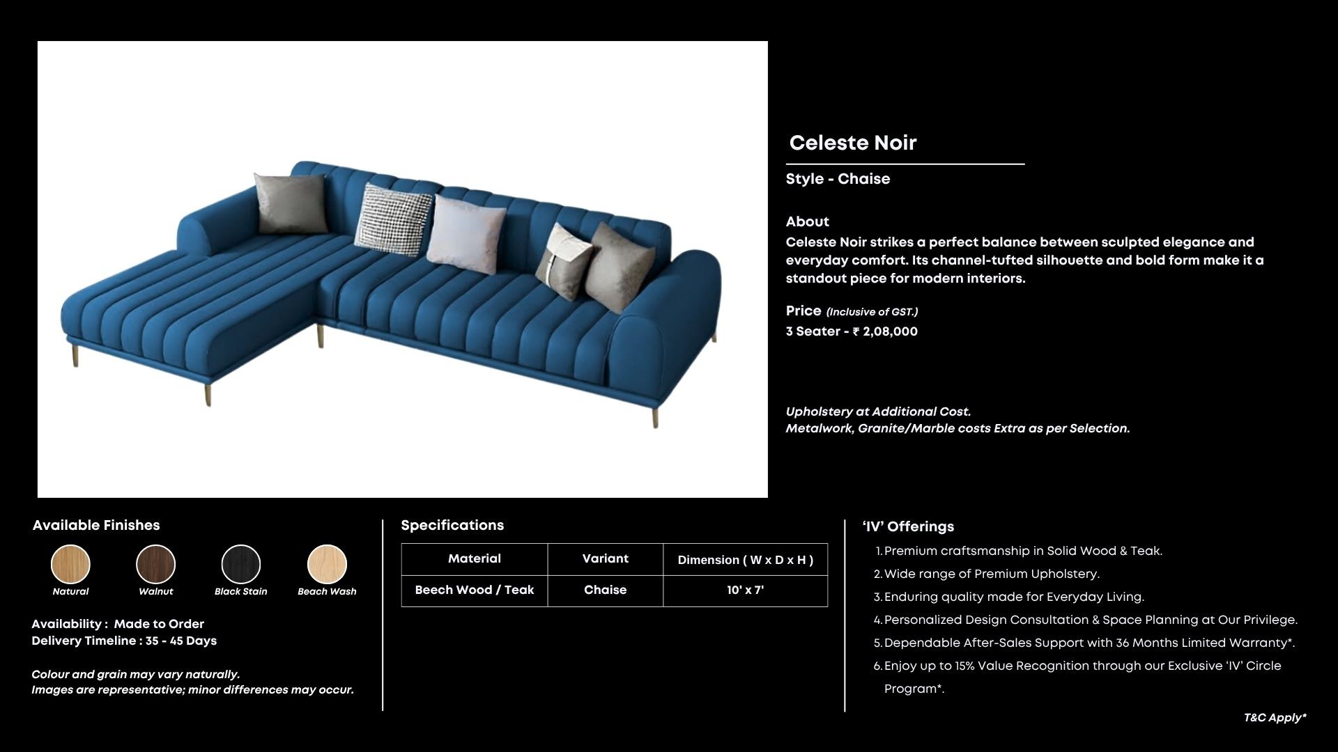 Blue tufted chaise with soft curves and bold presence.