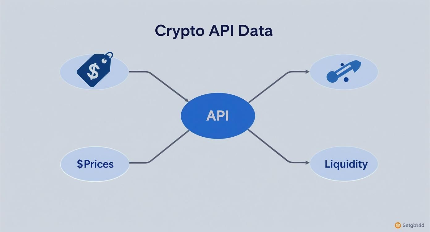 Diagram illustrating how an API provides crypto market data for prices, tags, and liquidity.