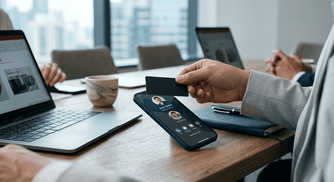 NFC digital business card tap sharing contact details on a smartphone.