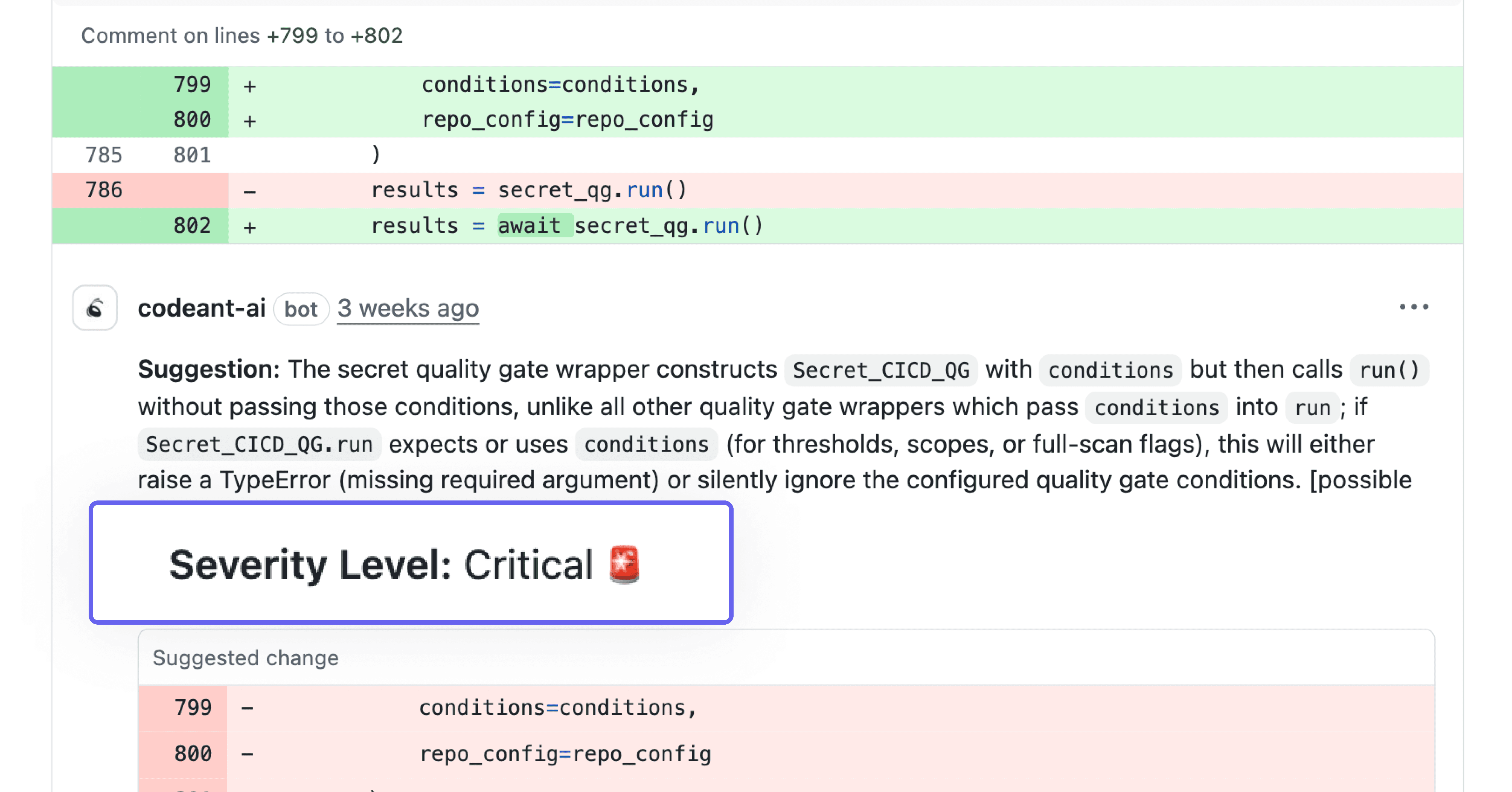 CodeAnt AI's AI chat interface answering questions about a pull request with context from code changes and diffs.