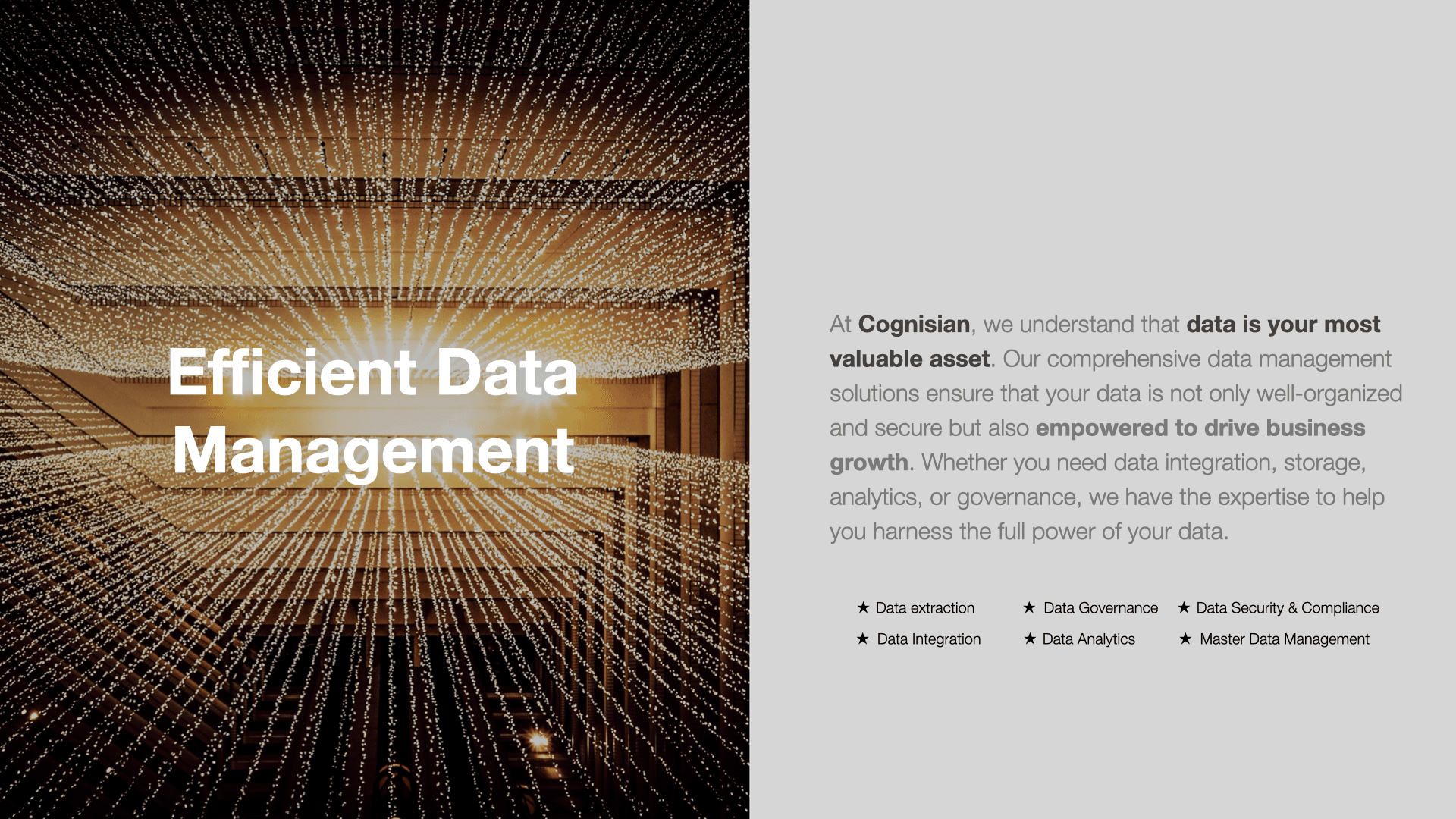 Efficient Data Management. At Cognisian, we understand that data is your most valuable asset. Our comprehensive data management solutions ensure that your data is not well-organizaed and secure but also empowered to drive business growth. Whether you need data integration, storage, analytics, or governance, we have the expertise to help you harness the full power of your data. Data extraction, data governance, data security & compliance, data integration, data analytics, master data management.