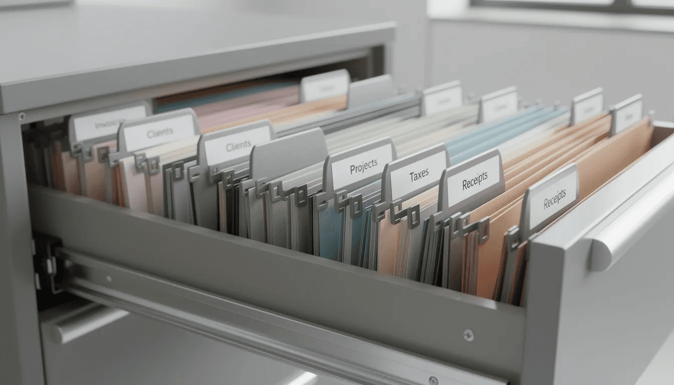 The image shows a well-organized filing cabinet filled with labeled folders, each indicating different financial topics such as "Roth IRA," "traditional IRA," and "tax return." This setup suggests a systematic approach to managing important documents related to investments and tax planning, including contributions and conversions associated with various retirement accounts.