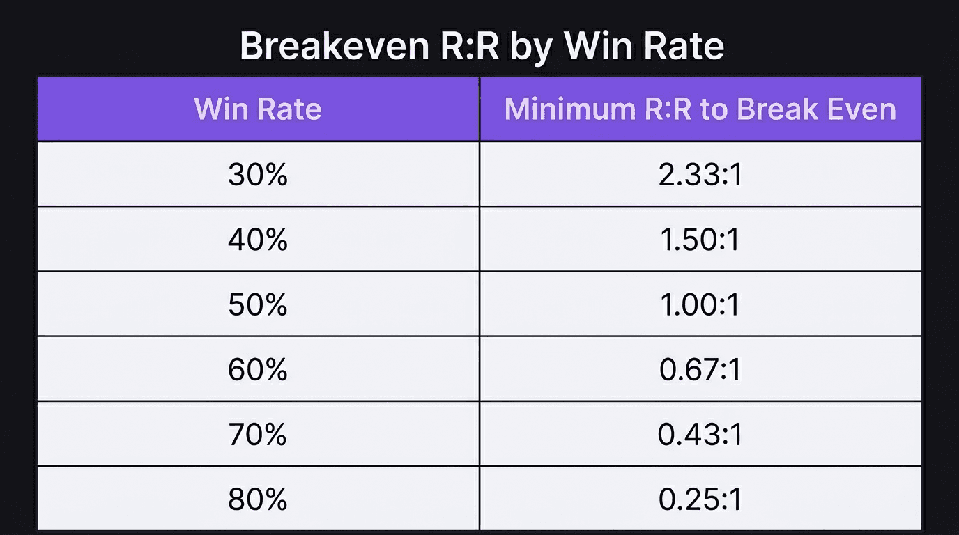 Spreadsheet table showing breakeven reward-to-risk ratios for different win rates