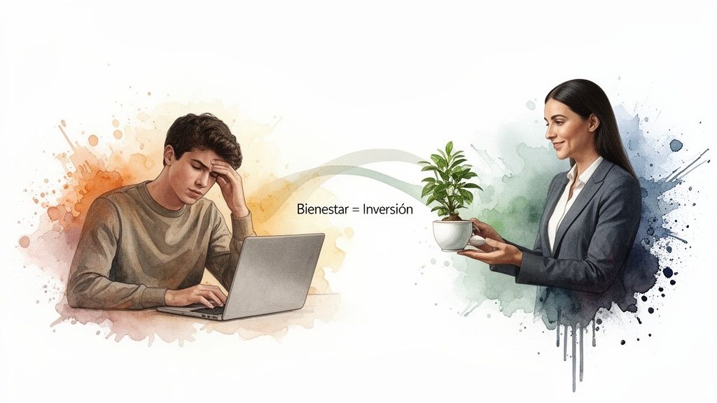 Hombre estresado frente a laptop; mujer sonriente ofrece planta. Bienestar es inversión.