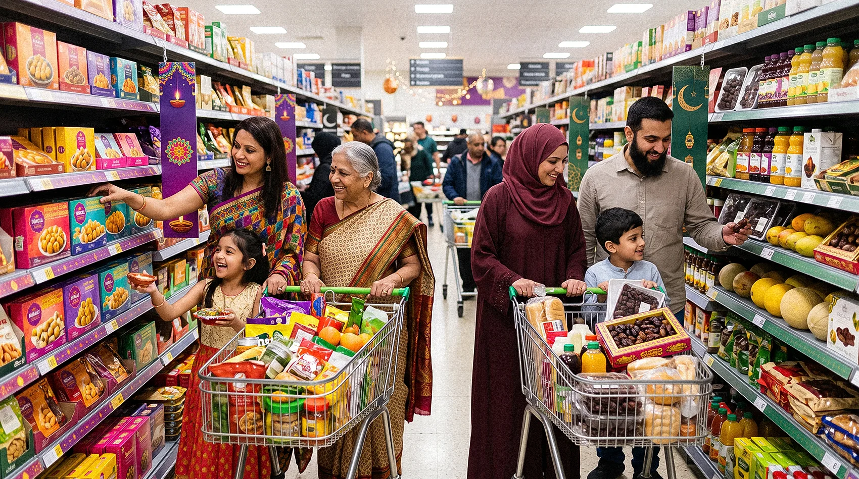 Family shopping for festive foods during Diwali and Ramadan celebrations in UK supermarket