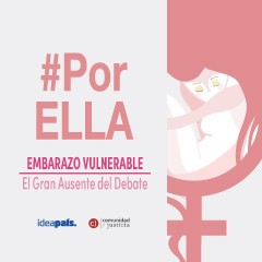 Portada de Embarazo vulnerable: el gran ausente del debate, documento de propuestas de IdeaPaís, con una ilustración que muestra la silueta de una mujer que lleva al interior de su cabeza a una guagua en gestación. El fondo es blanco y el título está escrito en rosado. 