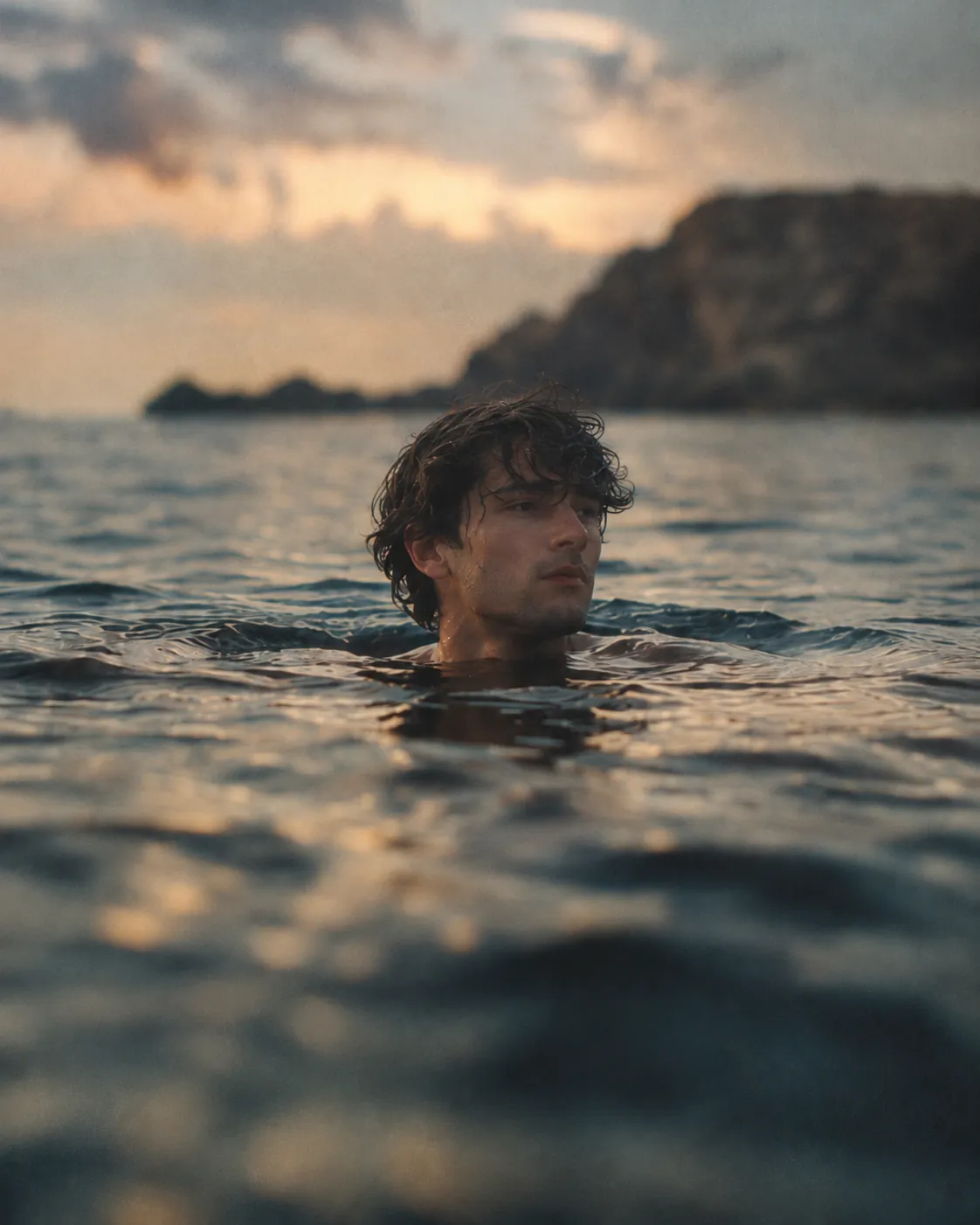 A young man with wet curly hair swimming with only his head above the water, a rocky headland at dusk behind him.