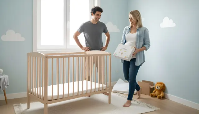 Futuros padre y madre preparando la cuna de su bebé: el seguro de vida de la hipoteca protege a la familia